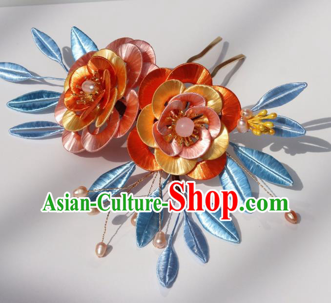 Chinese Traditional Song Dynasty Orange Silk Camellia Hair Comb Headwear Ancient Palace Princess Hairpin