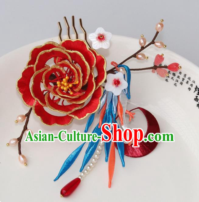 Chinese Ancient Princess Red Silk Peony Hair Stick Traditional Ming Dynasty Shell Plum Hair Comb