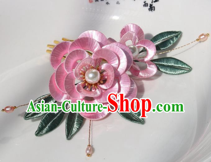 Chinese Ancient Court Princess Pearls Hairpin Traditional Ming Dynasty Pink Silk Peony Hair Comb