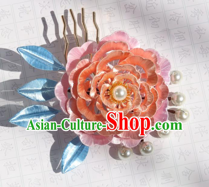 Chinese Ancient Imperial Concubine Hairpin Traditional Tang Dynasty Court Lady Pink Peony Hair Comb