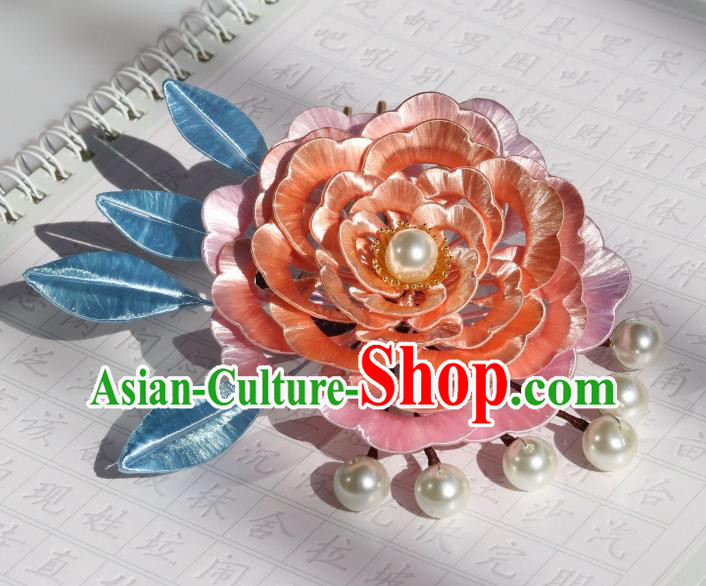 Chinese Ancient Imperial Concubine Hairpin Traditional Tang Dynasty Court Lady Pink Peony Hair Comb