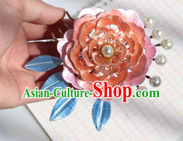 Chinese Ancient Imperial Concubine Hairpin Traditional Tang Dynasty Court Lady Pink Peony Hair Comb