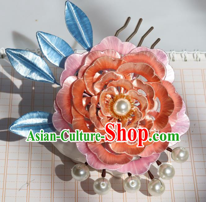 Chinese Ancient Imperial Concubine Hairpin Traditional Tang Dynasty Court Lady Pink Peony Hair Comb