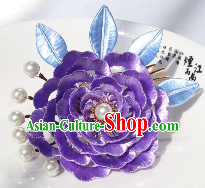 Chinese Traditional Tang Dynasty Court Lady Purple Peony Hair Comb Ancient Imperial Concubine Hairpin