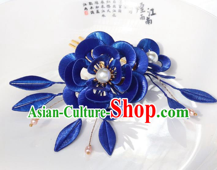 Chinese Ancient Princess Royalblue Silk Peony Hairpin Traditional Ming Dynasty Court Woman Hair Comb