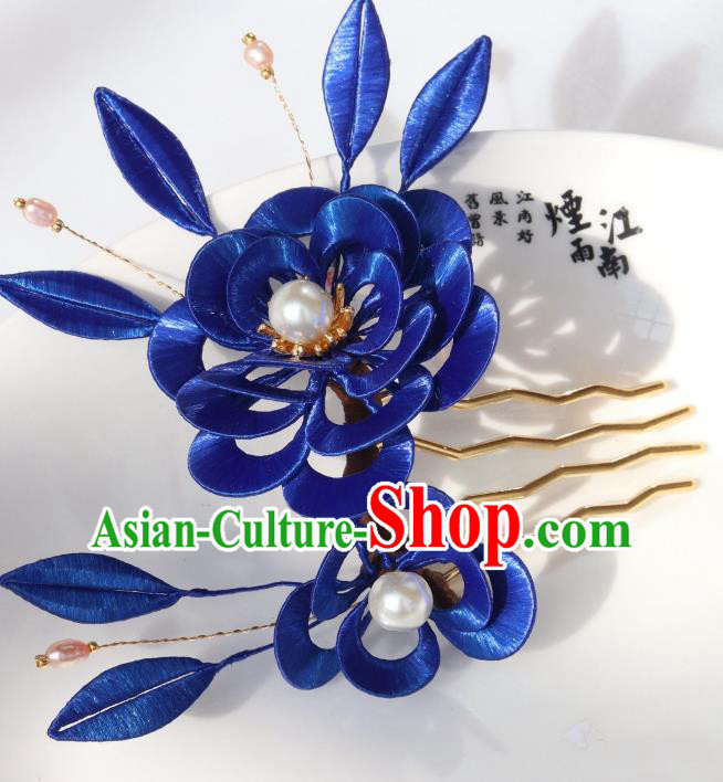 Chinese Ancient Princess Royalblue Silk Peony Hairpin Traditional Ming Dynasty Court Woman Hair Comb