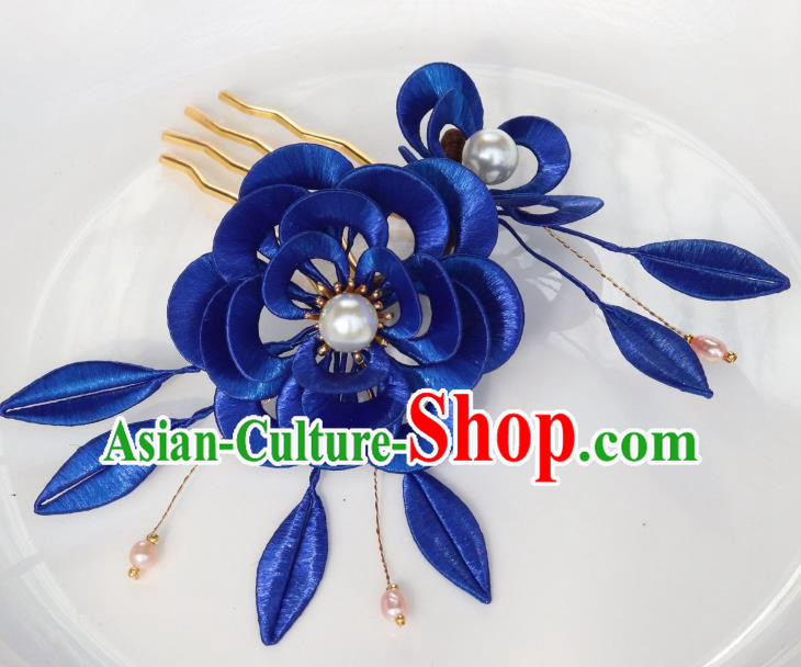 Chinese Ancient Princess Royalblue Silk Peony Hairpin Traditional Ming Dynasty Court Woman Hair Comb