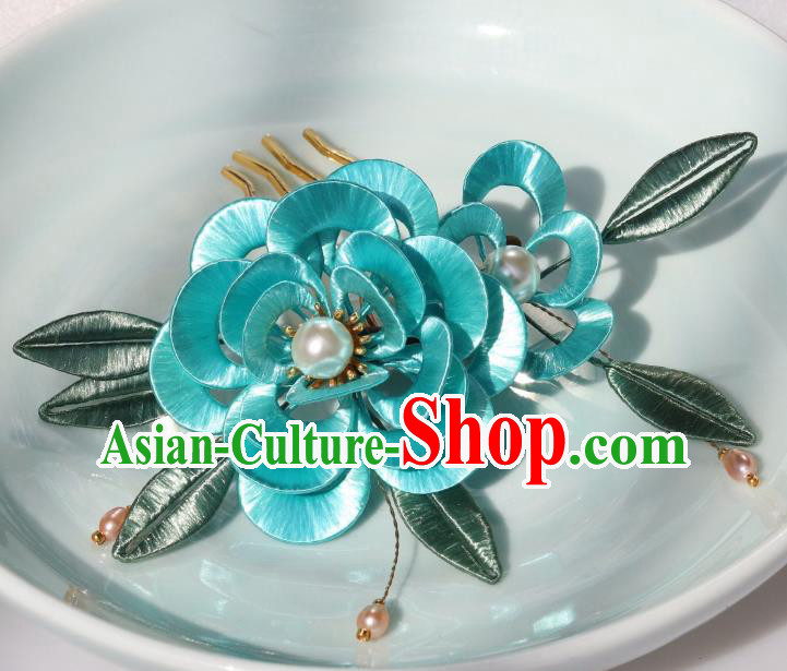 Chinese Ancient Court Woman Lake Blue Peony Hairpin Traditional Ming Dynasty Princess Hair Comb