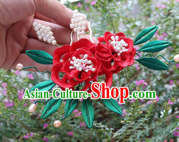 Chinese Handmade Red Silk Peony Hair Comb Ancient Song Dynasty Court Woman Pearls Hairpin