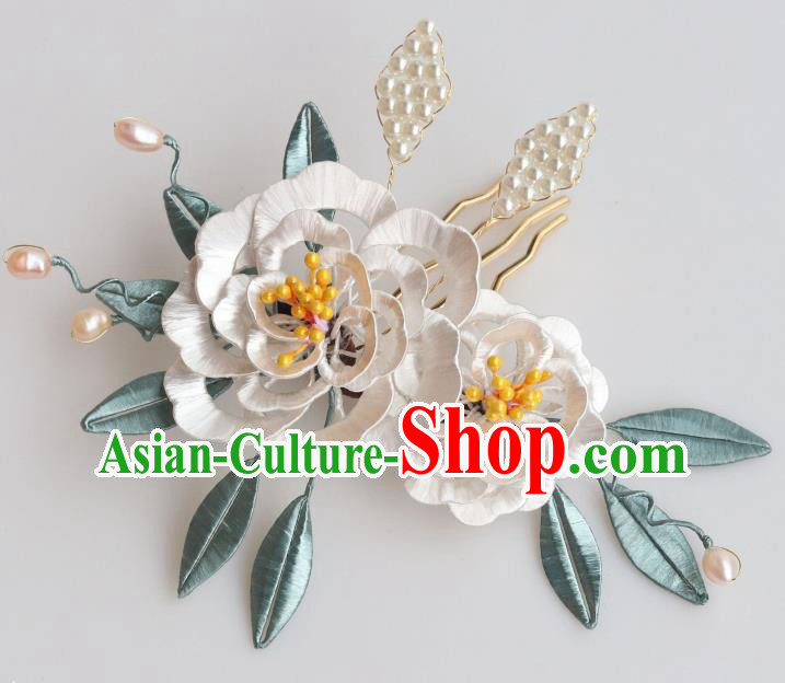 Chinese Ancient Song Dynasty Court Woman Pearls Hairpin Handmade White Silk Peony Hair Comb