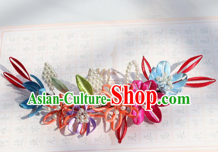 Chinese Handmade Court Woman Hair Comb Ancient Ming Dynasty Empress Silk Flowers Hairpin