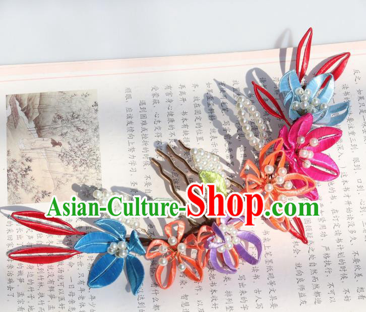 Chinese Handmade Court Woman Hair Comb Ancient Ming Dynasty Empress Silk Flowers Hairpin