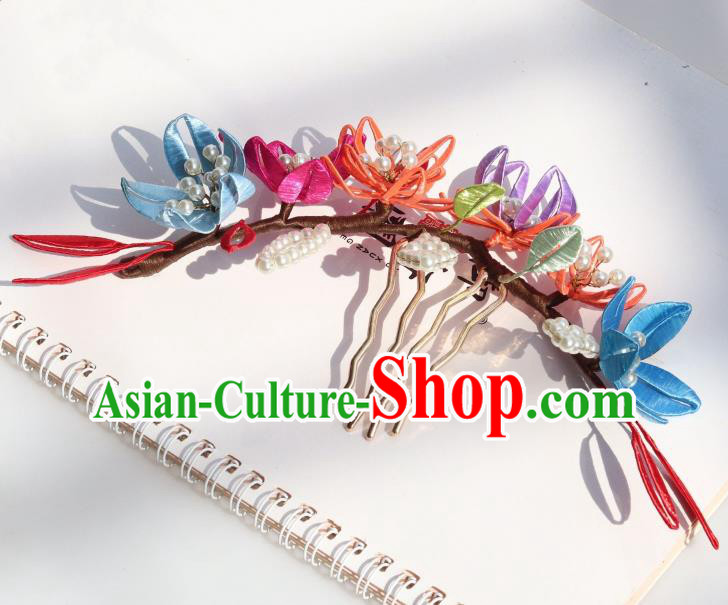 Chinese Handmade Court Woman Hair Comb Ancient Ming Dynasty Empress Silk Flowers Hairpin