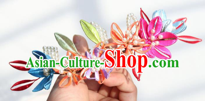 Chinese Handmade Court Woman Hair Comb Ancient Ming Dynasty Empress Silk Flowers Hairpin
