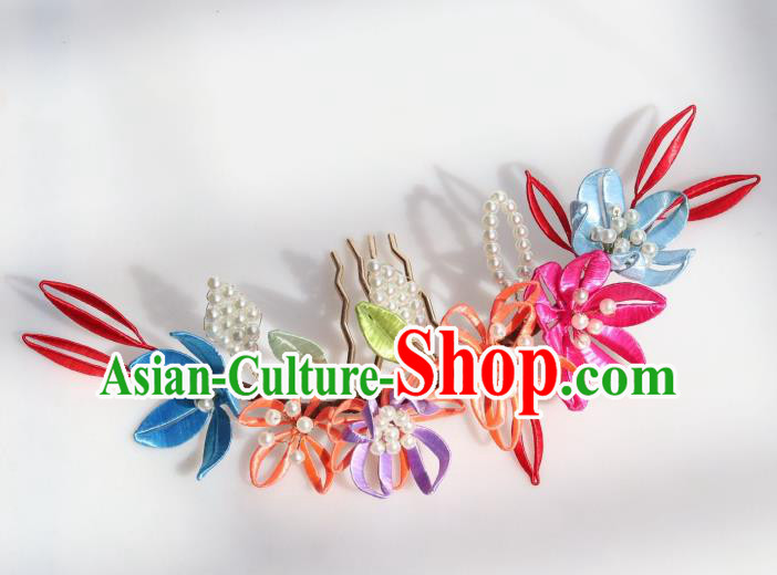 Chinese Handmade Court Woman Hair Comb Ancient Ming Dynasty Empress Silk Flowers Hairpin