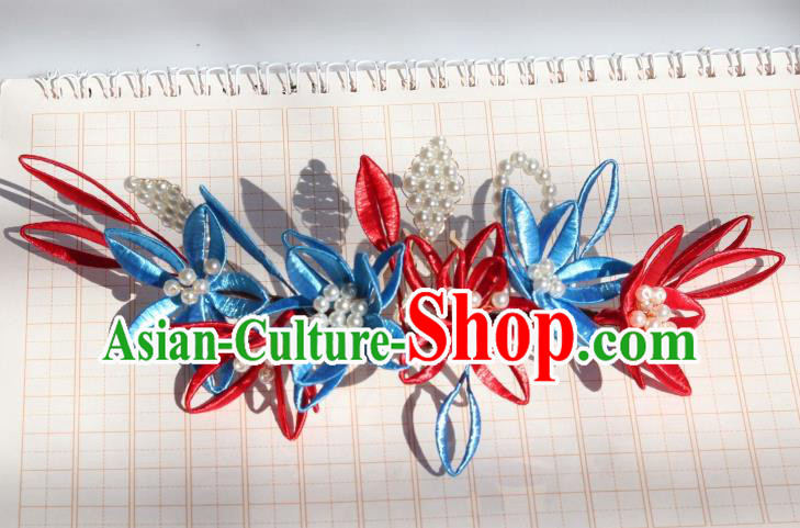 Chinese Handmade Silk Lily Flowers Hair Comb Ancient Ming Dynasty Empress Pearls Hairpin