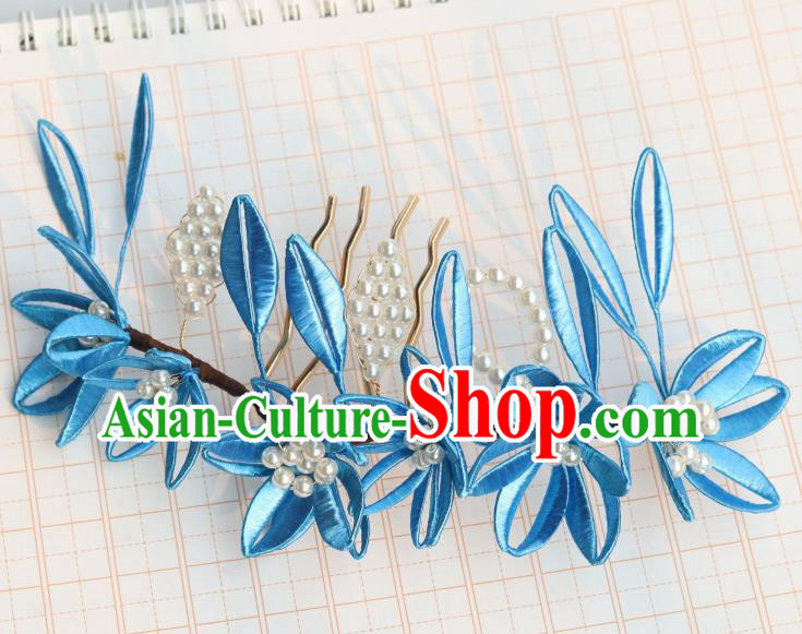 Chinese Handmade Blue Silk Lily Flowers Hair Comb Ancient Ming Dynasty Empress Hair Accessories