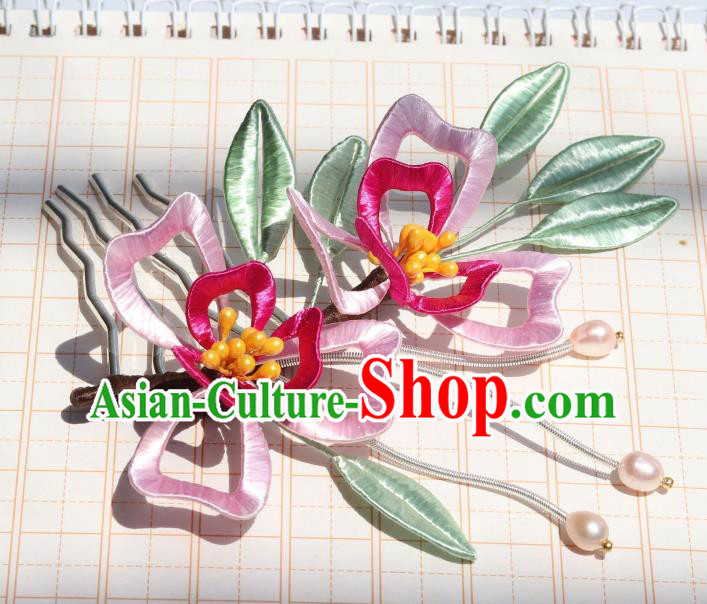 Chinese Handmade Ancient Young Lady Hairpin Ming Dynasty Princess Pink Silk Flowers Hair Stick