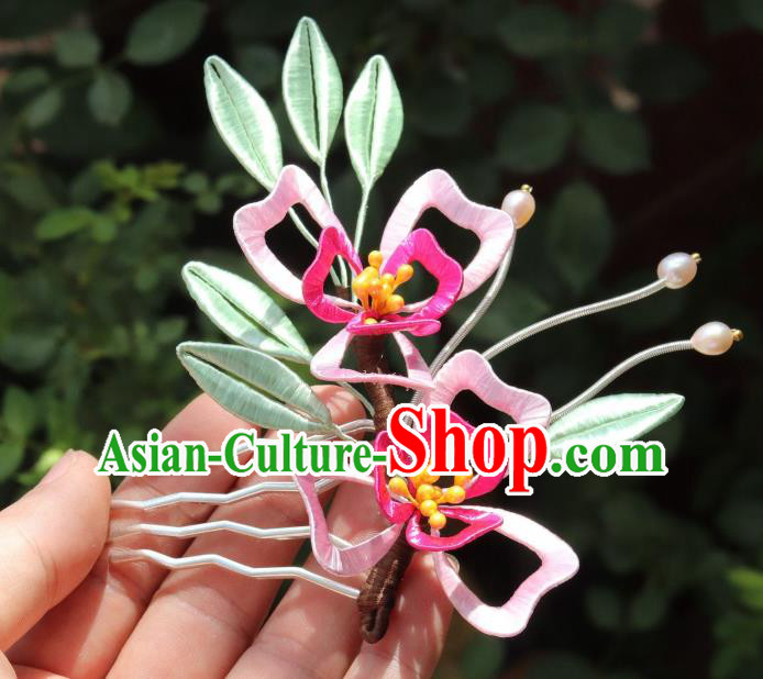 Chinese Handmade Ancient Young Lady Hairpin Ming Dynasty Princess Pink Silk Flowers Hair Stick