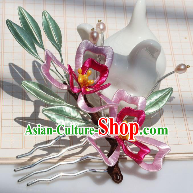 Chinese Handmade Silk Lily Flowers Hair Comb Ancient Ming Dynasty Empress Pearls Hairpin
