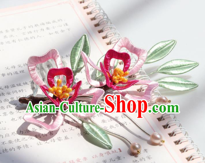 Chinese Handmade Ancient Young Lady Hairpin Ming Dynasty Princess Pink Silk Flowers Hair Stick