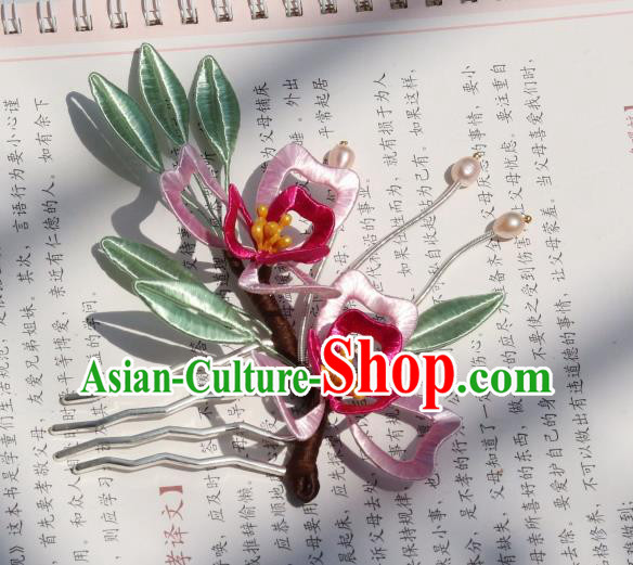 Chinese Handmade Ancient Young Lady Hairpin Ming Dynasty Princess Pink Silk Flowers Hair Stick