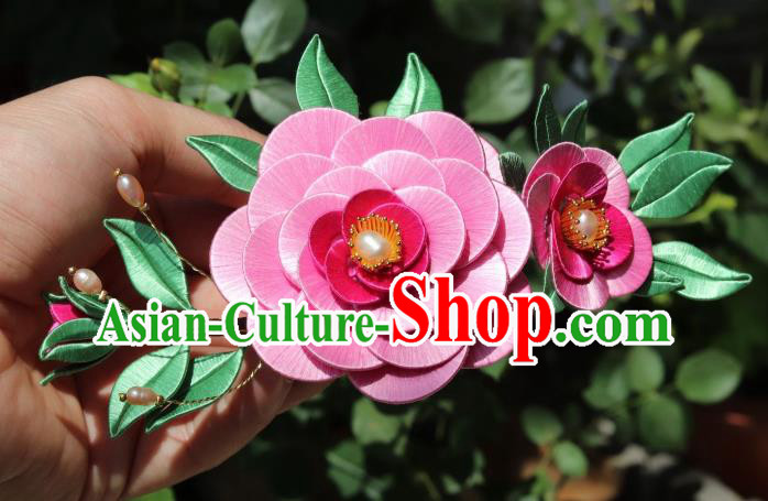 Chinese Ancient Court Lady Pearls Hairpin Handmade Ming Dynasty Princess Rosy Camellia Hair Comb