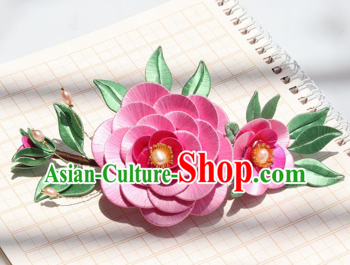 Chinese Ancient Court Lady Pearls Hairpin Handmade Ming Dynasty Princess Rosy Camellia Hair Comb