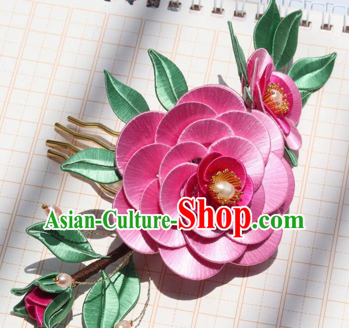 Chinese Ancient Court Lady Pearls Hairpin Handmade Ming Dynasty Princess Rosy Camellia Hair Comb