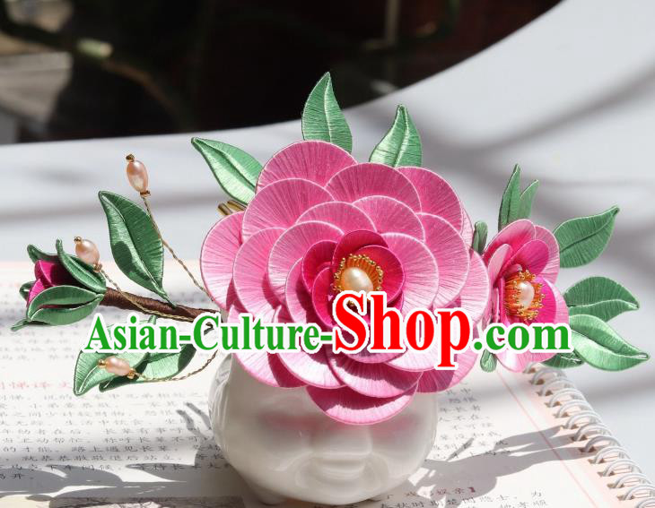 Chinese Ancient Court Lady Pearls Hairpin Handmade Ming Dynasty Princess Rosy Camellia Hair Comb