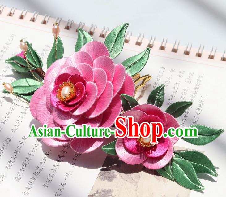 Chinese Ancient Court Lady Pearls Hairpin Handmade Ming Dynasty Princess Rosy Camellia Hair Comb
