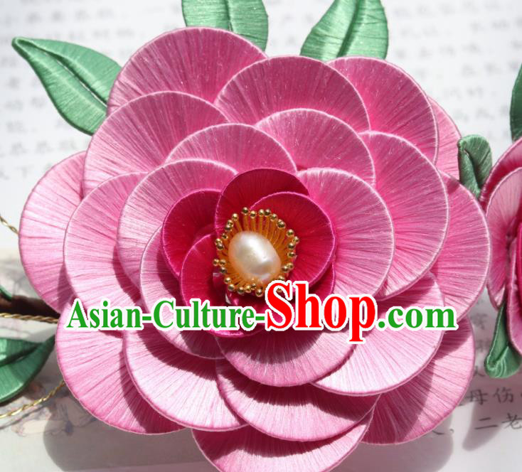 Chinese Ancient Court Lady Pearls Hairpin Handmade Ming Dynasty Princess Rosy Camellia Hair Comb