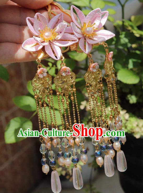 Chinese Ancient Infanta Pink Peach Blossom Hairpin Handmade Ming Dynasty Princess Tassel Hair Stick