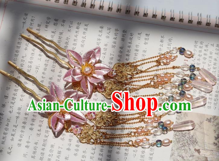 Chinese Ancient Infanta Pink Peach Blossom Hairpin Handmade Ming Dynasty Princess Tassel Hair Stick