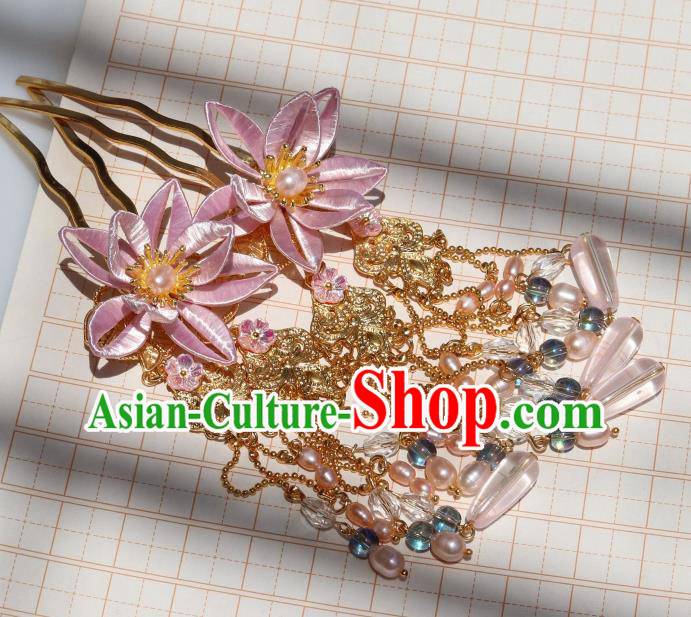 Chinese Ancient Infanta Pink Peach Blossom Hairpin Handmade Ming Dynasty Princess Tassel Hair Stick