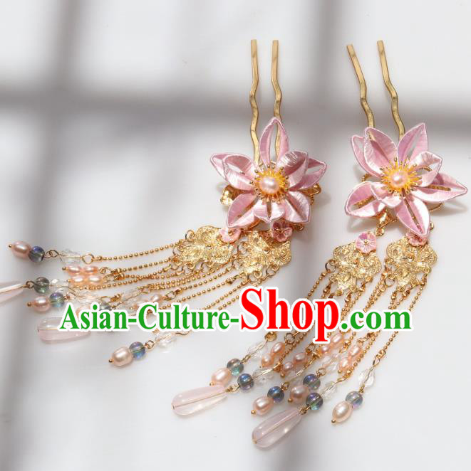 Chinese Ancient Infanta Pink Peach Blossom Hairpin Handmade Ming Dynasty Princess Tassel Hair Stick