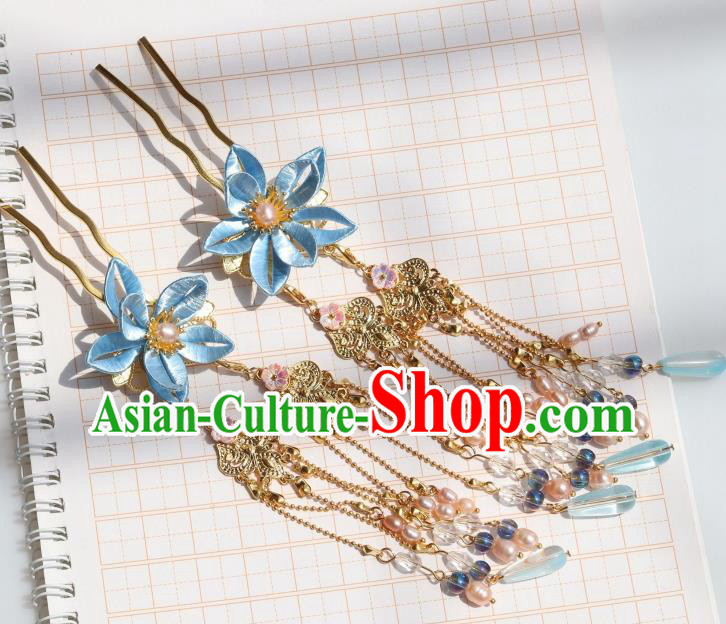 Chinese Handmade Ming Dynasty Princess Tassel Hair Stick Ancient Royal Infanta Blue Peach Blossom Hairpin