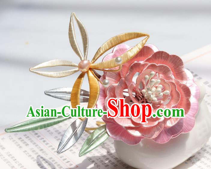 Chinese Ancient Princess Hair Accessories Traditional Hanfu Pink Silk Peony Butterfly Hairpin