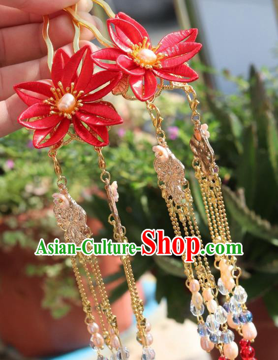 Chinese Handmade Red Silk Flowers Hair Stick Ancient Royal Princess Pearls Tassel Hairpin