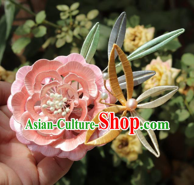 Chinese Ancient Princess Hair Accessories Traditional Hanfu Pink Silk Peony Butterfly Hairpin