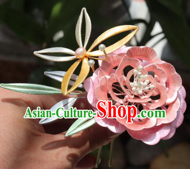 Chinese Ancient Princess Hair Accessories Traditional Hanfu Pink Silk Peony Butterfly Hairpin