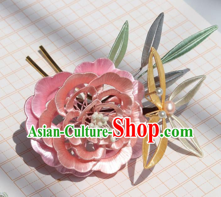 Chinese Ancient Princess Hair Accessories Traditional Hanfu Pink Silk Peony Butterfly Hairpin