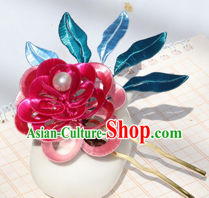 Chinese Handmade Hanfu Hair Accessories Ancient Royal Princess Rosy Silk Peony Hairpin Headpiece