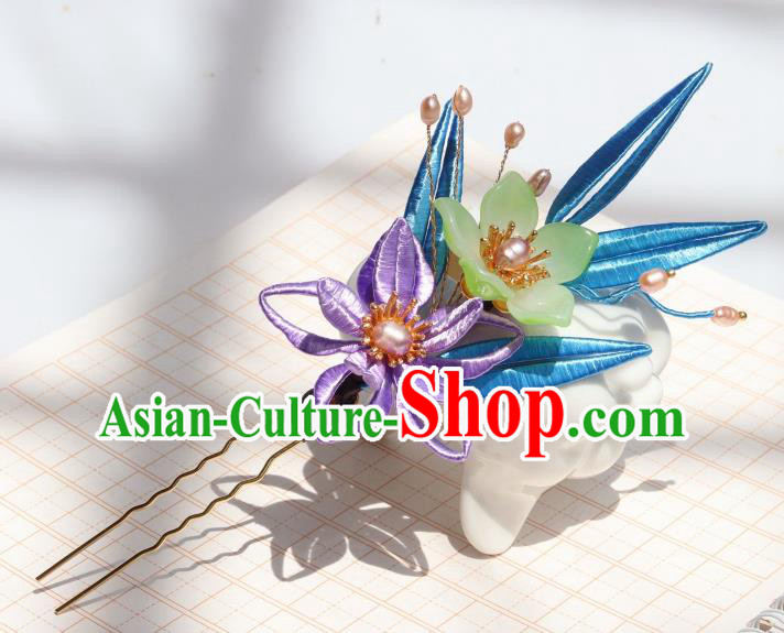 Chinese Handmade Ming Dynasty Hair Accessories Ancient Palace Princess Purple Silk Flower Hairpin