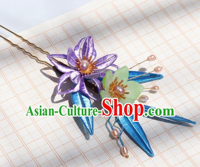 Chinese Handmade Ming Dynasty Hair Accessories Ancient Palace Princess Purple Silk Flower Hairpin