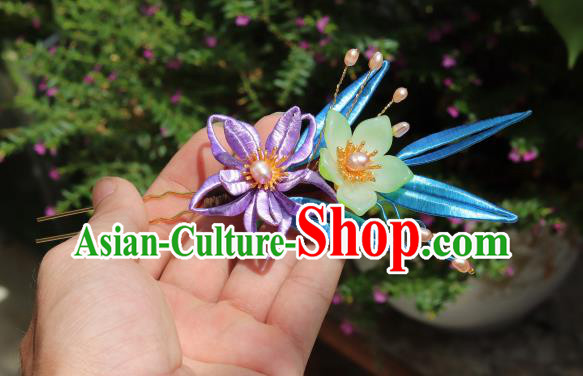 Chinese Handmade Ming Dynasty Hair Accessories Ancient Palace Princess Purple Silk Flower Hairpin