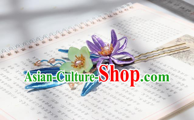 Chinese Handmade Ming Dynasty Hair Accessories Ancient Palace Princess Purple Silk Flower Hairpin