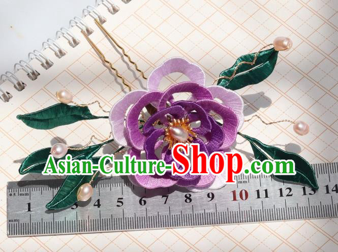 Chinese Handmade Pearls Hairpin Hair Accessories Ancient Palace Princess Purple Silk Camellia Hair Comb
