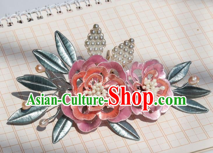 Chinese Traditional Ming Dynasty Pink Silk Peony Hairpin Ancient Princess Pearls Hair Comb