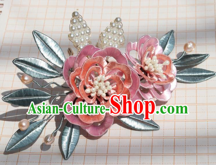 Chinese Traditional Ming Dynasty Pink Silk Peony Hairpin Ancient Princess Pearls Hair Comb